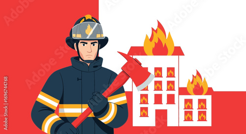 Brave Firefighter with Axe Defending Burning Structure from Blazing Flames Disaster