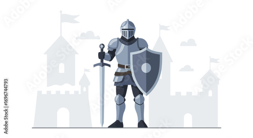 Brave Knight Standing Before Castle, Ready to Defend with Sword and Shield