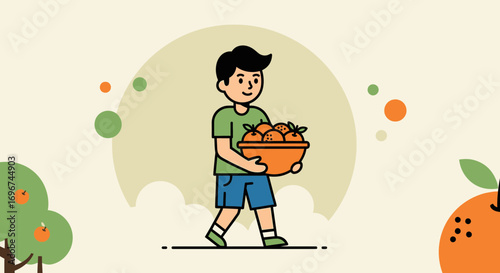 Cheerful Young Person Carrying Bowl Of Citrus Fruits With Orange Tree Illustration