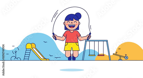 Cheerful Young Girl Jumping Rope In A Park On A Bright Sunny Day