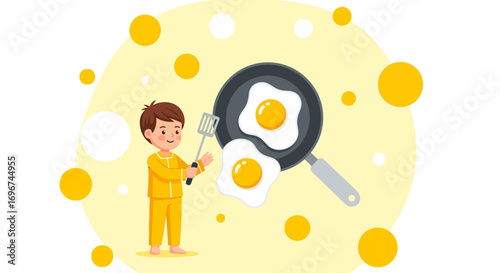 Cheerful Youngster Preparing Breakfast with Eggs in Frying Pan for a Delightful Morning