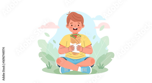 Cheerful Youngster Relaxes Outdoors While Enjoying a Deliciously Wrapped Meal