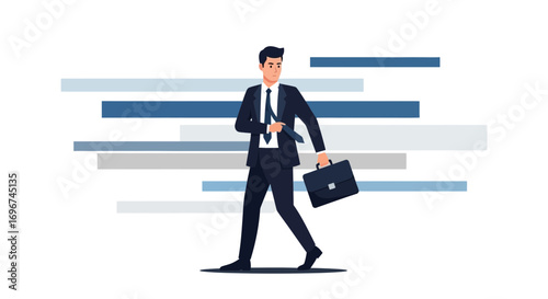 Business Professional Walking Forward with Briefcase Amidst Abstract Background Design