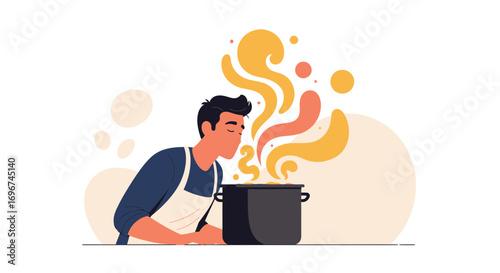 Chef Appreciating Delicious Aroma Emanating From a Pot of Flavorful Cuisine