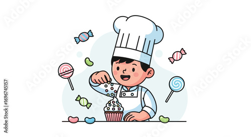 Chef Adorns Cupcake With Sprinkles, Sweets And Candies, Suitable For Any Design
