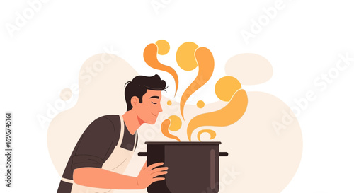 Chef Appreciating Delicious Aroma Emanating From Pot Of Prepared Food Delightfully