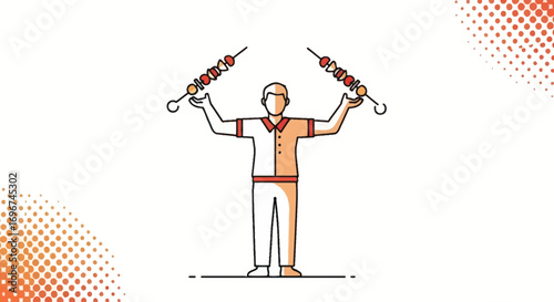 Chef Balancing Skewers of Grilled Food in Dynamic and Colorful Minimalist Illustration