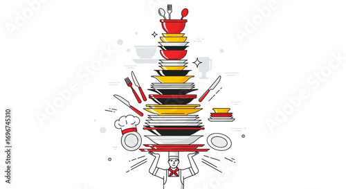 Chef Balancing Dishware: Culinary Skills and Precise Equilibrium Depicted in Vector Art