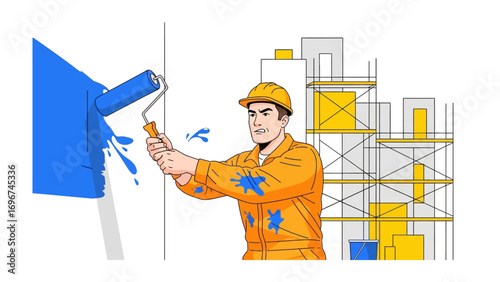 Painter and Construction: A skilled painter, clad in a protective overall and hardhat, meticulously applies vibrant paint to a wall on a construction site, with scaffolding