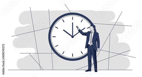 Businessman Interacting With a Clock, Symbolizing Time Management and Business Deadlines