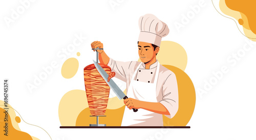 Chef Carving Delicious Shawarma, Showcasing Culinary Expertise In A Clean Illustrative Style