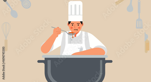 Chef Checking Taste Of The Dish In The Kitchen, Cooking And Preparing Meal