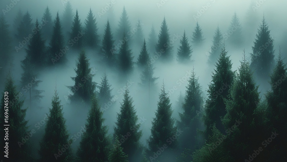 Fototapeta premium Mystical dense dark evergreen forest shrouded in atmospheric mist for nature and fantasy scenes