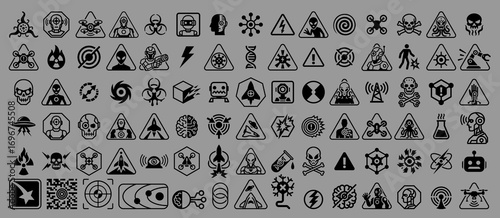 Futuristic Y2K cyber and brutalist hazard warning symbols set