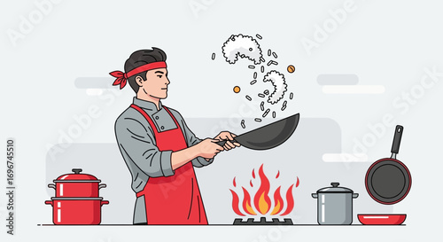 Chef Cooking With Stylish Flair, Modern Illustration Depicting Chef Preparing Dish