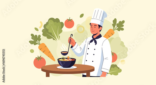 Chef Crafting a Flavorful Dish with Fresh Ingredients, Ready to Serve Deliciousness