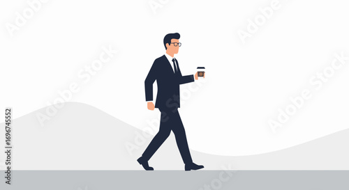 Businessman Taking A Morning Walk With Coffee Cup On Plain White Isolated Background