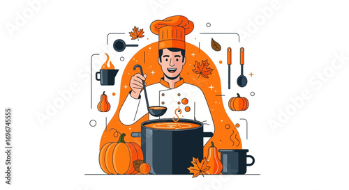 Chef Crafting Delicious Autumn Dishes, Preparing Seasonal Soups, Orange Tones