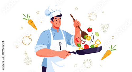 Chef Crafting Culinary Delights in an Artistic and Vibrant Illustration