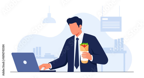 Businessman Working At Desk While Enjoying a Delicious Wrapped Meal Illustration
