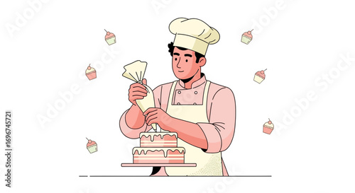 Chef Decorating A Cake, Culinary Artist With Frosting, Bake Illustration With Cute Cupcakes