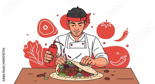 Chef Delicately Assembling Savory Wrap Filled With Fresh Ingredients On Table