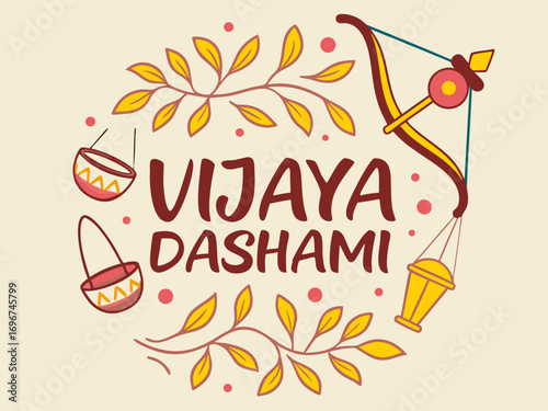 Festive Vijaya Dashami Illustration with Bow and Arrow Decorative Baskets Leaves and Red Dots on a Cream Background