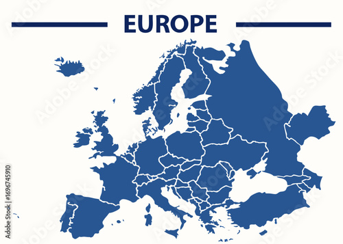 Detailed Blue Europe Map with Country Borders on White Background Illustration	
