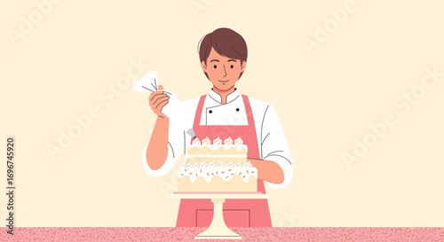 Cake Decorating: A Cheerful Baker Adding Frosting and Sprinkles to a Delicious Dessert