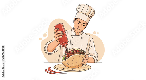 Chef Garnishing a Delicious Shawarma with Sauce for Culinary Excellence