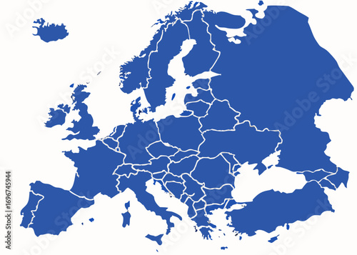 Detailed Blue Europe Map with Country Borders on White Background Illustration	
