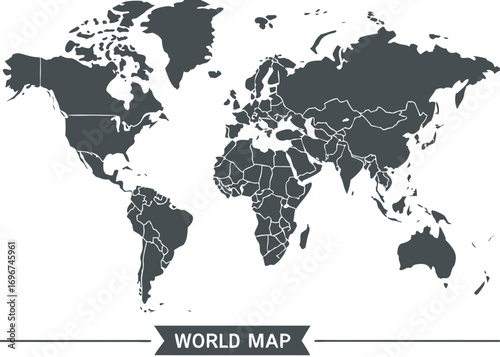 Detailed Gray World Map with Country Borders on White Background Illustration	
