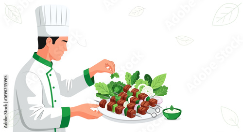 Chef Garnishing Grilled Kebabs, Culinary Artistry, Food Presentation, Fresh Ingredients