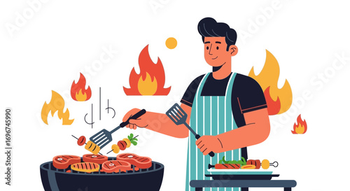 Chef Grilling Culinary Delights: An Illustration of Barbecue Preparation and Cooking