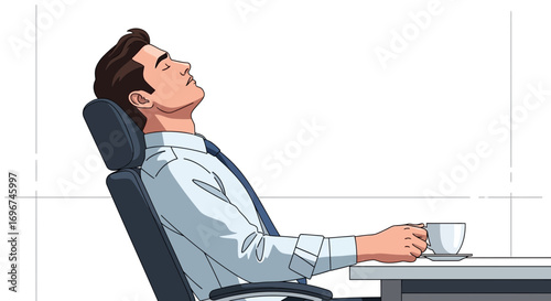 Calm Executive Relaxing With Coffee At His Desk In Professional Office Environment