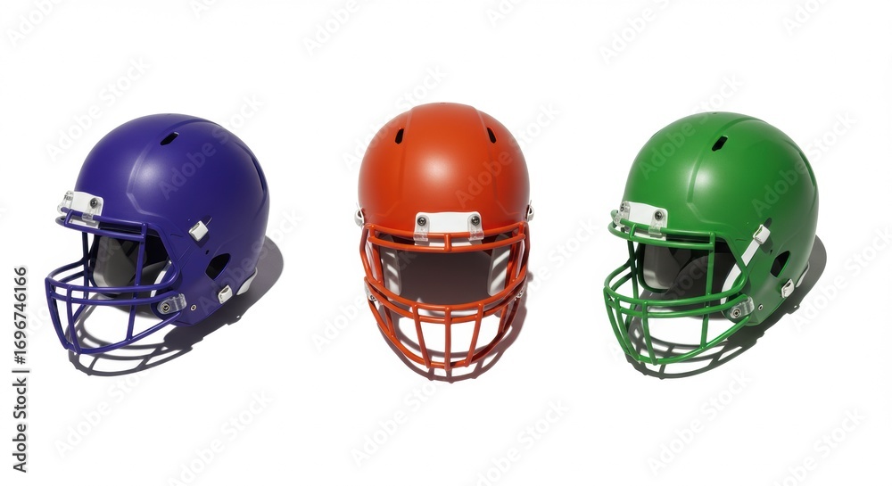 Fototapeta premium Three Colorful American Football Helmets Isolated on White