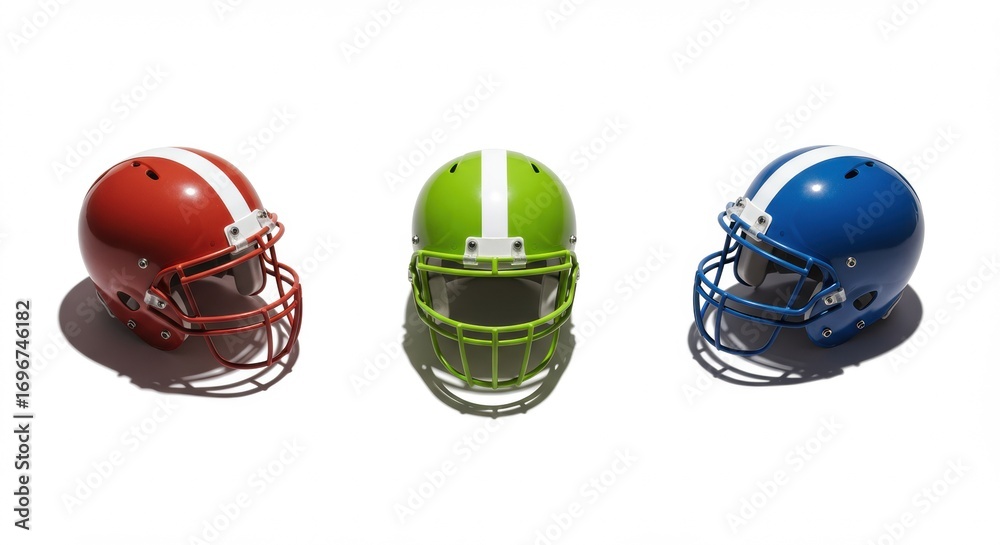 Fototapeta premium Vibrant Red, Green, and Blue American Football Helmets with White Stripes, Studio Shot on White