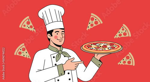 Chef Holds Delicious Pizza Surrounded By Pizza Slices On A Red Background