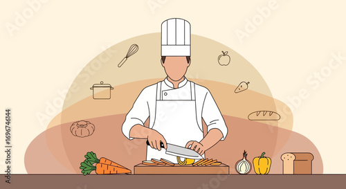 Chef Illustrating Culinary Techniques While Slicing Vegetables In A Minimalist Kitchen