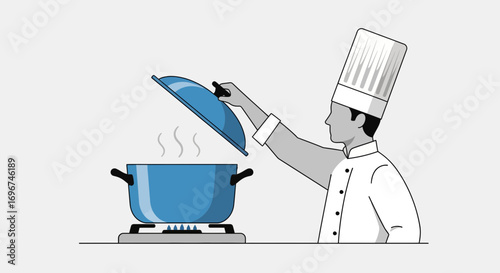 Chef Inspecting Food Cooking Over A Flame, Minimalist Vector Illustration Without Commas