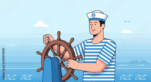 Captain Navigating The Ship, Steering Wheel, Maritime Adventure, Ocean Voyage Illustration