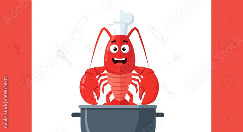 Chef Lobster Preparing Food In The Pot Using A Cooking Hat Cartoon Illustration