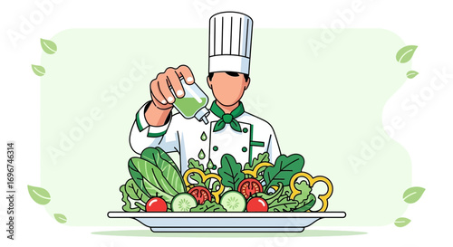 Chef Masterfully Dress Salad: A Culinary Illustration of Fresh, Delicious, Healthy Food