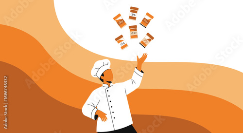 Chef Joyfully Tosses Spices, Illustrating a Culinary Moment in a Modern Style