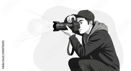 Capturing Moments: A Photographer's Dedication and Precision in Black and White Illustration