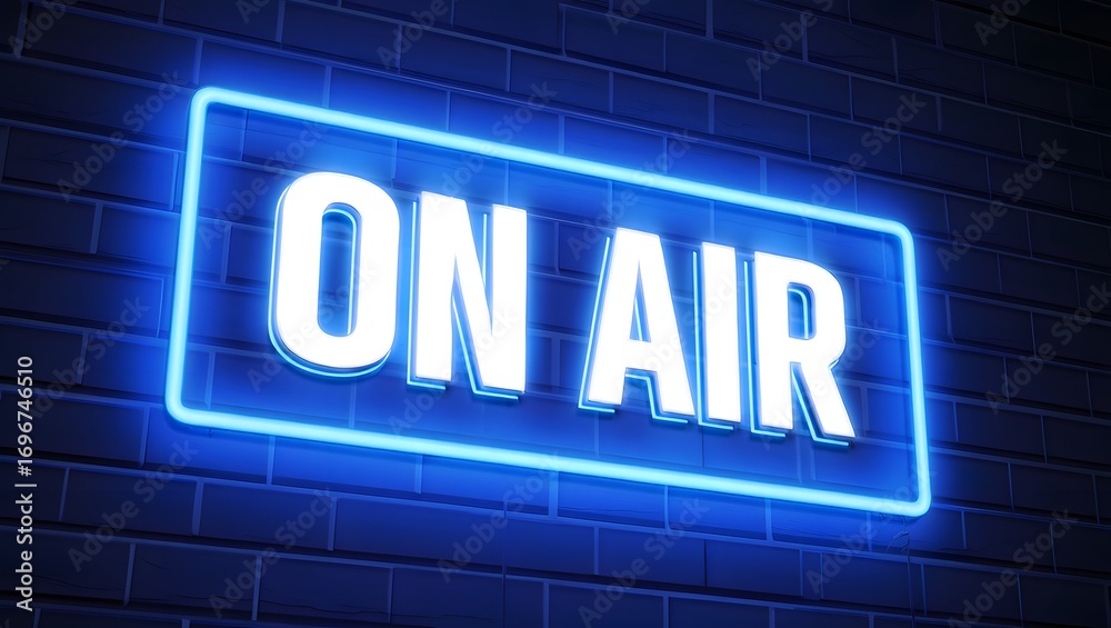 Obraz premium A glowing blue neon sign reading ON AIR mounted on a dark brick wall, indicating a live broadcast or recording in progress.