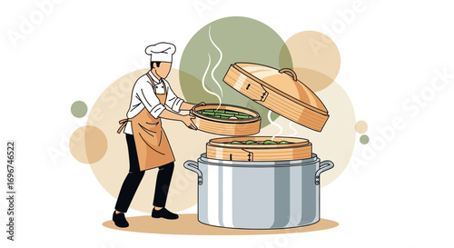 Chef Preparing a Bamboo Steamer Cooking Delicious Food For Culinary Enthusiasts