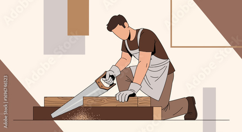 Carpenter Engaged In Sawing Wood Preparing For A Project Conceptual Illustration