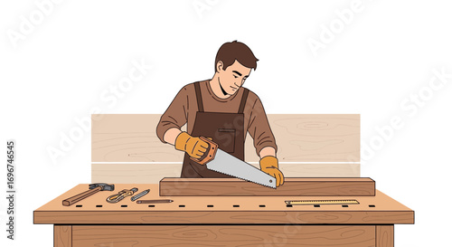 Carpenter Sawing Wood Plank Creating New Structures in a Workshop Environment