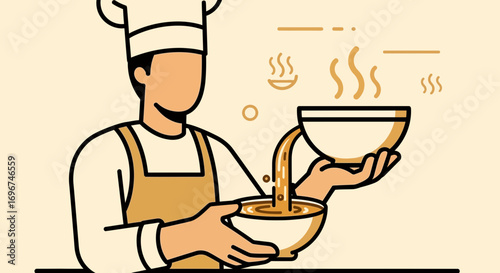 Chef Preparing A Bowl Of Freshly Made, Steaming Soup Drawn With Clean Lines